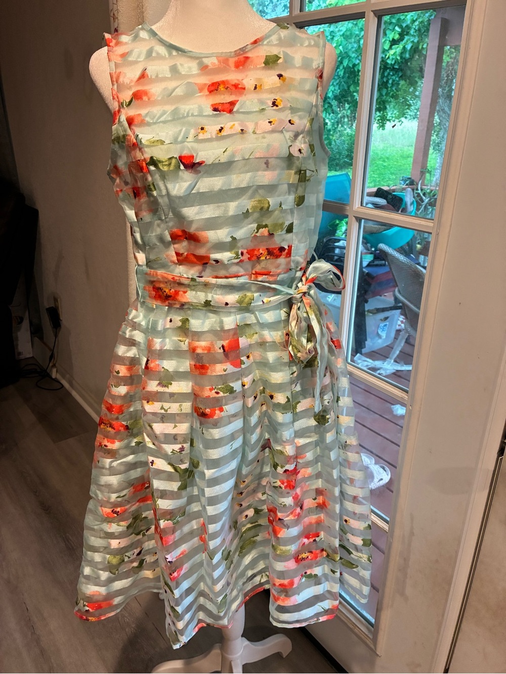 Sandra Darren Aqua Striped Floral Fit-and-Flare Dress with Coral Accents